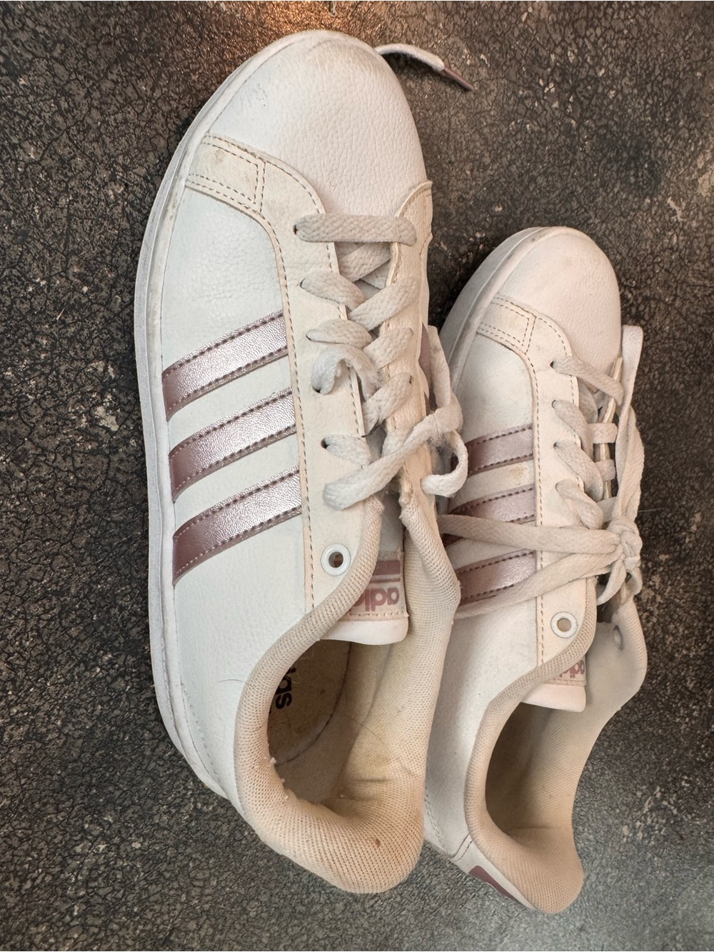 adidas White Sneakers with Rose Metallic Three Stripes